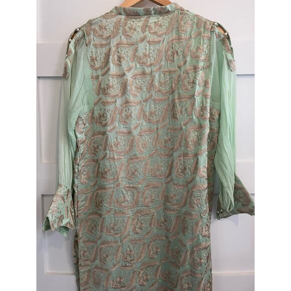 Agha Noor Embroidered Pearl Accents Chiffon Light Green Pistachio Top Sz Medium - Picture 4 of 10